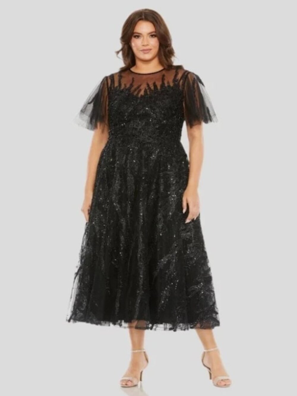 Mac Duggal Black Embellished Flutter Sleeve A-Line Midi Dress